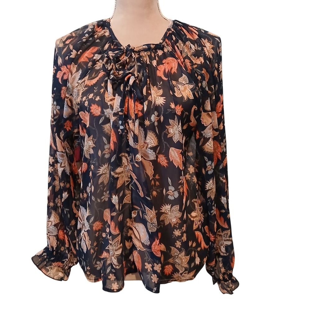 Sam Edelman Medium Floral Chiffon Peasant Blouse Navy Orange Tie Neck Ruffle